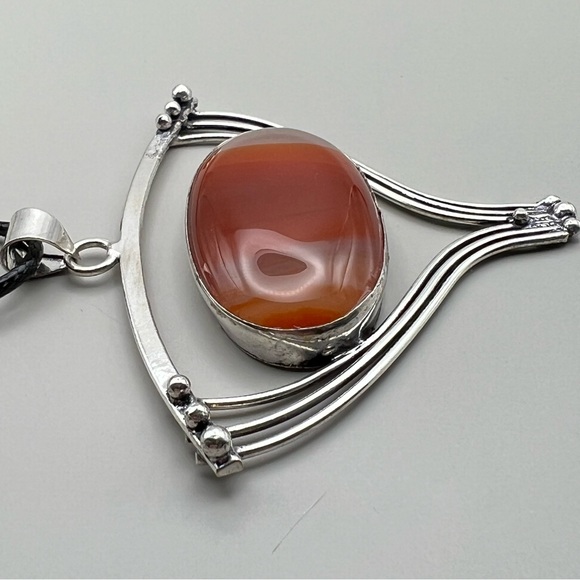 New Large Unique Orange Sardonyx Agate Silver Overlay Stone Pendant Necklace - Picture 3 of 9